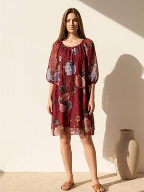 Italian Silk Viscose Floral Puff Sleeve Midi Dress Red Burgundy Size Large